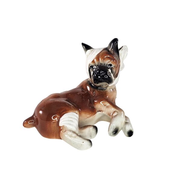 Vintage Ceramic Boxer Dog Figurine Brown & White Bandaged Injured Crying - Picture 1 of 9